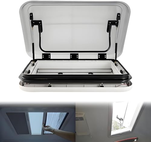 COAKUE RV Caravan Roof Window Hatch with LED Light,500/700/800 x 500MM Cut Out RV Caravan,Aluminum Alloy Frame,RV Skylight Anti-UV Roof Vent Hatch W/Sunshade for Caravan Trailer 31.5x19.7lnch