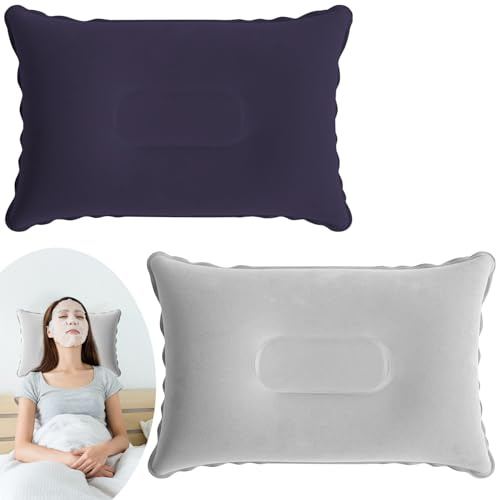 VLYX Lot de 2 Coussins gonflables, fermeté Ajustable, ultraléger et Compact pour Camping, Voyage, Avion, Voiture, lit, Bureau, Plage, Bain de Soleil, pêche - 22x34 cm (Gris & Bleu Violet)