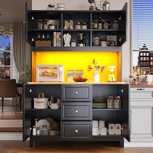 Ligterra Mobiletto, Armadio Alto, Armadio da Cucina, con Illuminazione LED e Controllo tramite App, 4 Ante & 3 Cassetti, Funzione Luce Musicale & Protezione Antiribaltamento, per Cucina e Sala da