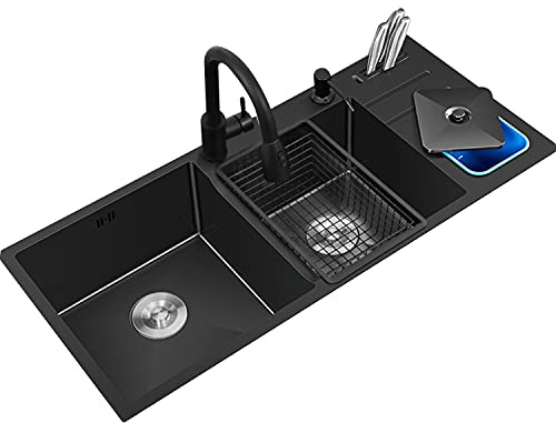 Évier de Cuisine, Grand évier Noir à Deux cuves, évier encastré en Acier Inoxydable 304, évier intégré avec Porte-Couteaux et Poubelle
