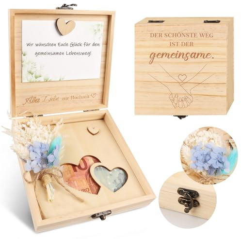TUZELIYA Geldgeschenk Hochzeit Holz mit Hochzeitskarte Trockenblumen, Hochzeitsgeschenke für Brautpaar Geldgeschenke Verpacken, Geschenkbox Hochzeitsgeschenk Ideen