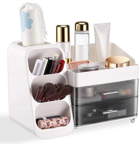 TranRantic Kosmetik Organizer mit Schubladen, Große Kapazität Schminktisch Make Up Organizer, Dicke Stabile Kosmetik Aufbewahrung, Schminkbehälter für Badezimmer, Schlafzimmer, Garderobe (Weiß)