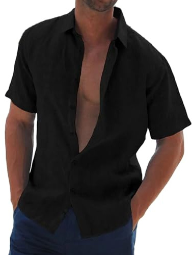 Relwxea Mens Linen Shirts Short Sleeved Summer Beach Shirt Regular Fit Cotton Shirt Button Down Loose fit Holiday Shirt