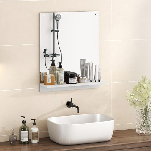 HOMCOM Badspiegel mit Regal für Flur und Eingangsbereich 50 x 60 cm Weiß | Wandspiegel, Badezimmerspiegel