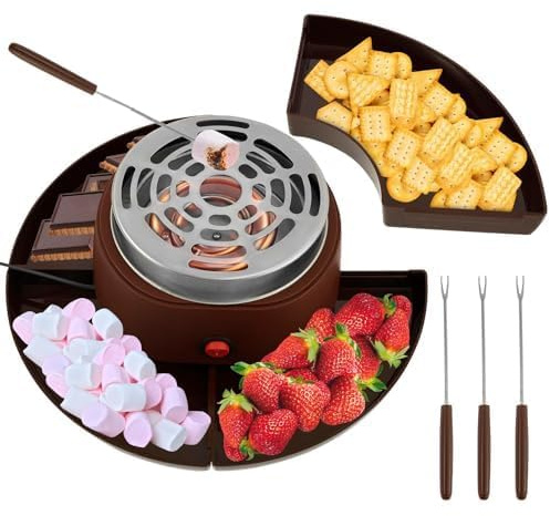 Juego de fondue eléctrica de chocolate con bandejas desmontables y tenedores de inmersión, calentador sin llama, máquina multiusos S'mores para malvaviscos y chocolate