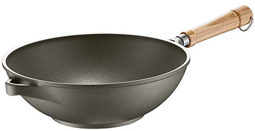 Berndes Veggi Wok Bonanza Induktion 28 cm, Wokpfanne mit 3-lagiger Antihaftversiegelung und Holzgriff, allherdtauglich, robuster Aluguss, antihaft beschichtet, Schwarz