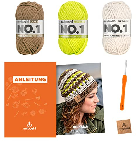 myboshi Häkelset Mütze Inuyama, inkl. No.1 Wolle, Nadel und Anleitung, für Mützen und Schals, Häkelpaket, 30% Merinowolle Braun, mit Häkelnadel