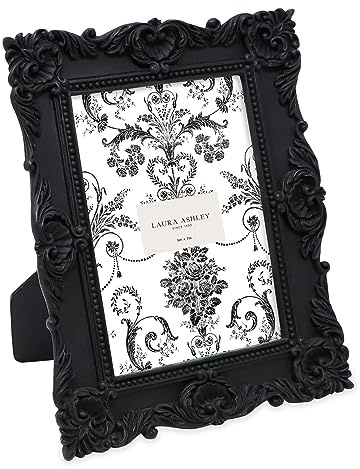 Laura Ashley 5x7 Black Ornate Textured Hand-Crafted Resin Picture Frame with Easel & Hook for Tabletop & Wall Display, Decorative Floral Design Home Décor, Photo Gallery, Art, More (5x7, Black)