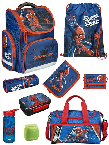Familando - Schulranzen Set CLOU - 9-teilig mit Sporttasche - Marvel Spiderman - Ergonomisch, stabil & mit gepolstertem Rücken - 930g leicht - 15L Volumen - Mit Reflektoren - ab 1. Klasse