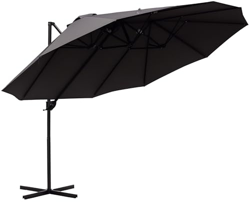 Outsunny Sonnenschirm Doppelsonnenschirm Oval 445x270cm Ampelschirm mit Kurbel Schirmständer Gartenschirm Kurbelschirm, Marktschirm für Garten Dunkelgrau