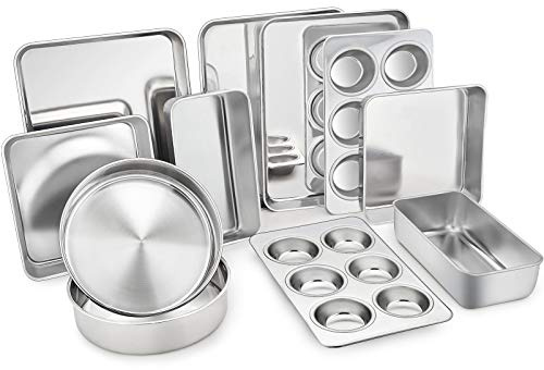 TeamFar Stainless Steel Bakeware Set of 11, Toaster Oven Baking Pan Set, Lasagna Pan, Square & Round Cake Pan, Loaf Pan & Muffin Pan, Healthy & Heavy Duty, Dishwasher Safe & Smooth