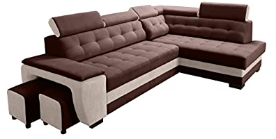 Robin Grand Ecksofa mit Schlaffunktion Bettkasten Kopfstützen Relaxfunktion 2 Hocker Sofa L-Form Schlafsofa Freistehende Eckcouch Schlafcouch Wohnzimmermöbel Wohnlandschaft Rechts Braun Creme