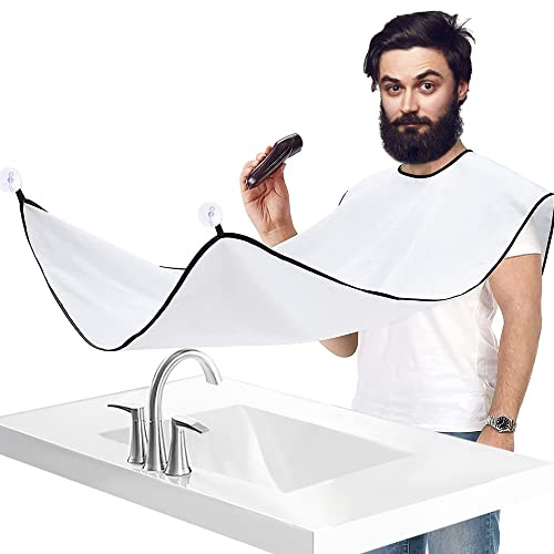 Accessotech Babero de afeitar para barba Delantal de pelo facial para afeitar, capa de rastrillo, recorte de corte y cuidado de los palos para espejo (blanco)