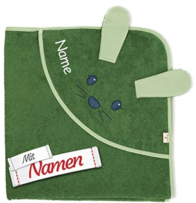 Sterntaler Kapuzenhandtuch Motiv Hase Kinni in Dunkelgrün personalisiert mit Namen, GOTS Zertifiziert Badetuch Bestickt für Baby & Kinder, Junge Mädchen Badehandtuch/Kinder-Badetuch mit Kapuze