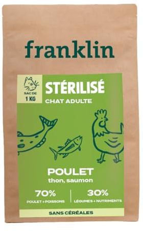 FRANKLIN - Croquette pour Chat Adulte Stérilisé - Gamme Carnivore - 70% De Viande & De Poisson - Croquettes sans Céréales - Riches en Protéines - Fermeture Intégrée - Taille 9mm - 1 kg