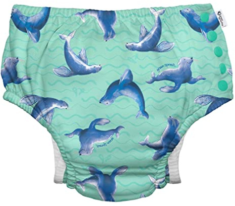 i play. by green sprouts Reusable, Eco Snap Swim Diaper with Gussets, UPF 50, 6 mo, Seafoam Sea Lions - Galapagos, Patented Design, STANDARD 100 by OEKO-TEX Certified