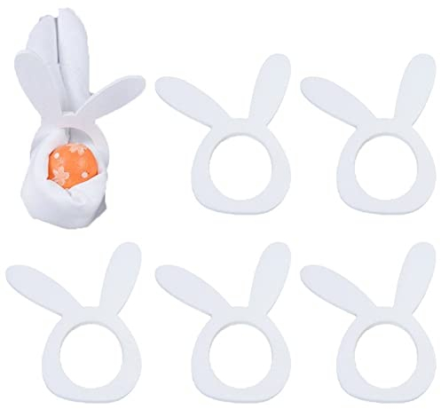 Vepoty Oster-Serviettenringe-Set, 6-teilig, Serviettenringe aus Holz, Hase, weiße Serviettenschnallen für Party-Tischdekoration