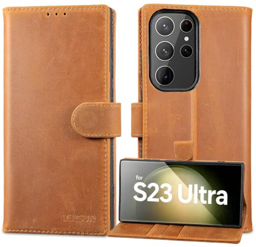 LENSUN Echtleder Hülle für Samsung Galaxy S23 Ultra, Handyhülle [Echtes Leder] [Magnetverschluss] [RFID] Lederhülle Handytasche für Samsung S23 Ultra 5G - Vintage Braun