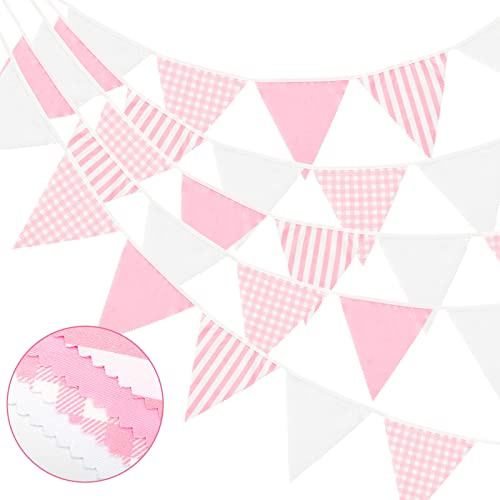 G2PLUS 12M Banderines Tela,Guirnalda de Banderines con 42 Rayas Rosas Triángulos de Tela Fiesta Decorativas para Dormitorio de Fiesta de Cumpleaños o Bodas