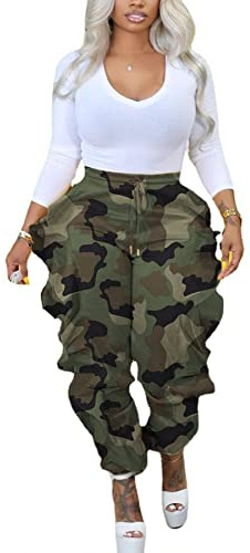 DINGANG Womens Camo Pants Cargo Trousers Camouflage Lounge Pants Multi Outdoor Casual Jogger Sweatpants with Fringe