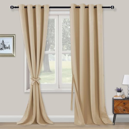 XWZO Blickdichte Vorhänge Verdunklungsvorhänge mit Ösen 2 Stücke Gardienen mit Raffhalter Lichtundurchlässige Vorhänge für Schlafzimmer,WonhzimmerBüro, 290x140 cm, Beige