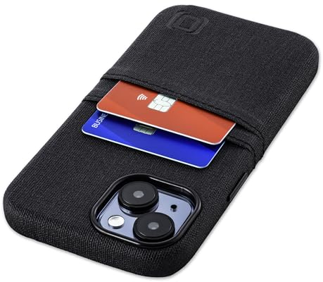 Dockem Kartenetui für iPhone 15 mit Integrierter Metallplatte für Magnetischen Befestigung und 2 Kartenfächer: Luxe M2 Canvas-Stil Kunstleder Kartenhülle (iPhone 15, Schwarz)
