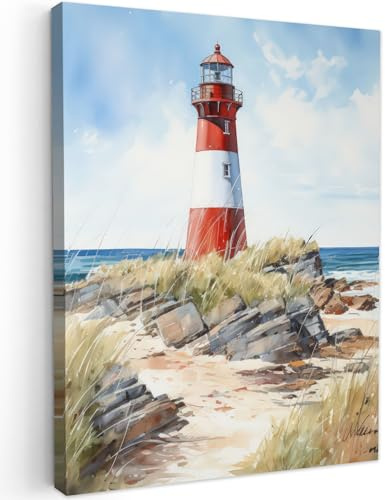 MuchoWow© Bilder Wohnzimmer Deko Modern Wandbild Foto auf Leinwand Bild | 50x70 cm - Schlafzimmer Room Decor Geschenke Maritime - Leuchtturm - Felsen - Meer - Natur - Maritim
