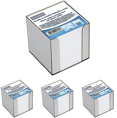 DONAU 7492001PL-09 Ökologischer Würfel Zettelkasten/Zettelbox/Zettelklotz Nicht Verklebt, in Einer Kunststoff Box/circa 800 Blatt, 90 x 90x 85mm, Farbe: Weiß (Packung mit 4)