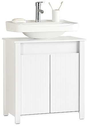 SoBuy Waschbeckenunterschrank - Unterschrank Waschbecken mit Türen, verstellbarem Regal & Abflussverkleidung - Kompakt Badschrank für kleine Bad, Weiß, 60x65,5x34cm BZR101-W