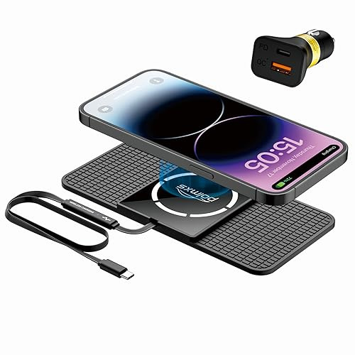 Tappetino Ricarica Wireless Magnetico Auto, Polmxs 15W Compatibile Con Caricatore MagSafe Tappetino Antiscivolo Tipo C Con Caricatore Auto Da 40W per iPhone 16/15/14/13/12 (Cavo da 1 metro)