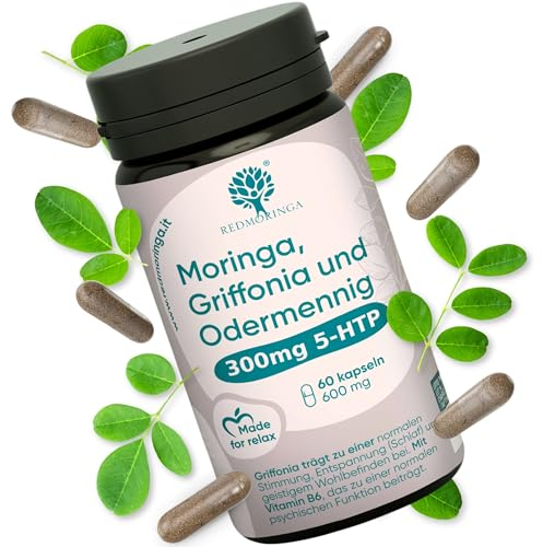 Griffonia 5HTP 300mg | Natural Mood & Relaxation Support | Serotonin Precursor with Agrimony Bach Flower, Moringa & Vitamin B6 | Unique Formula for Emotional Wellbeing | 60 Capsules- RedMoringa