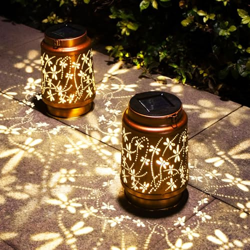 2 Pack Dragonfly Garden Solar Lights Solar Dragonfly Lantern Outdoor Decorative Light Garden Decor Perfect Dragonfly Gifts for Women Mom Grandma