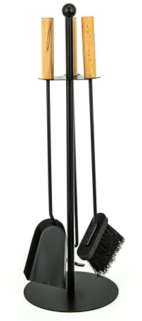 Valo Bergen VK000301 Serviteur de cheminée (3 pièces, avec balai, pelle et tisonnier et serviteur de cheminée, kit de cheminée avec support, noir)