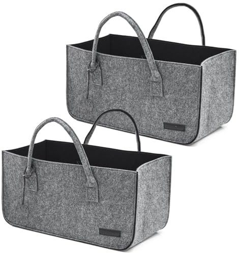 DuneDesign Set di 2: Borsa Feltro fino a 25 kg - 50x25x25 Mobile Portalegna da Interno Borsa Legna per Camino Porta Pellet - Cestino Spesa Porta Coperte da Salotto Cestello Portabottiglie Cesto Bagno