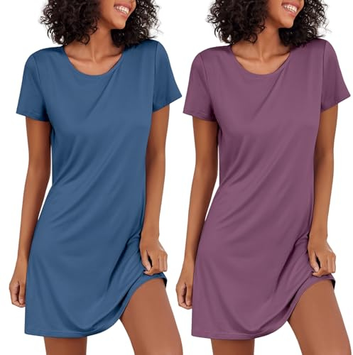 Ekouaer Camicia da Notte Donna Estiva Corta Vestito da Notte Maniche Corte Nightdress Girocollo 2pcs, S-XXL