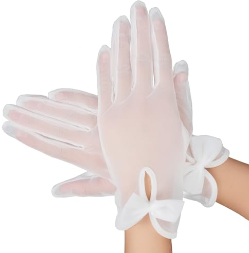 Yolev Spitzen Handschuhe Weiße Schleife Tea Party Tüll Handschuh Braut Handschuhe Damen Elegant 80er Jahre Hochzeit Brautjungfer Abschlussball Abend Beerdigung Tanz Maskerade Ostern Halloween