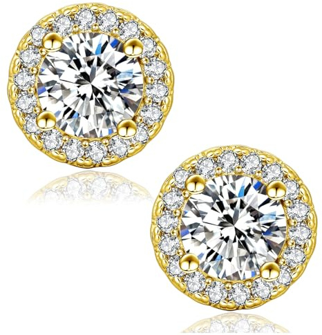 KRKC&CO Moissanite Ohrringe Damen Silber 925, Gold Ohrsteckers Halo, 1,0 Karat echter runde Moissanit Diamant, VVS1 Reinheit D Farbe, 14K Gold vergoldet allergiefrei, Rund