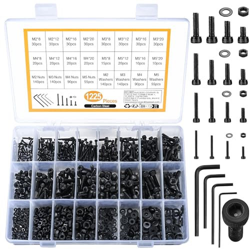 1225pcs M2 M3 M4 M5 Hexagon Socket Screws, Bolts, Nuts, and Washers Assortment Kit, Carbon Steel Black Countersunk Head Threaded Screws, Nuts and Washers Set(1225 black cup head)