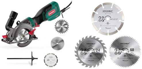 HYCHIKA Handkreissäge, 750W Kreissäge 3500U mit 3 Sägeblättern (115 und 125mm) mit Führungsschiene Max Schnitttiefe 48mm(90°)/32mm(45°), mini Kreissäge für Holz, Weichmetall, Fliesen u.s.w