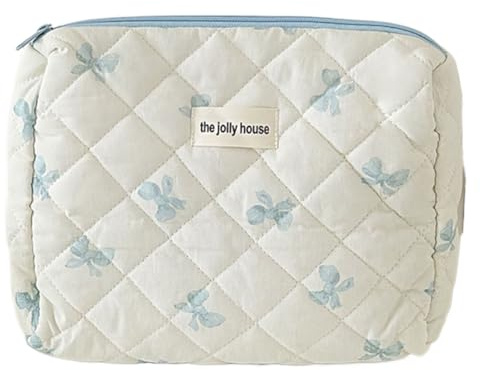 JUCHRZEY Kosmetiktasche mit niedlicher Schleife und Reißverschluss, Reise-Make-up-Tasche, Baumwolle, gesteppt, Make-up-Organizer, Aufbewahrungstasche for Frauen und Mädchen