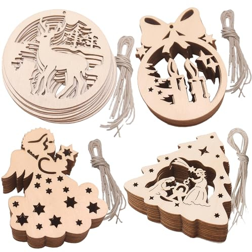 40 Stück Holzscheiben Weihnachtsbaumanhänger 4 Formen Holzschmuck zum Basteln, für Weihnachtsbaum deko DIY Anhänger Dekoration mit Kordeln zur Dekoration