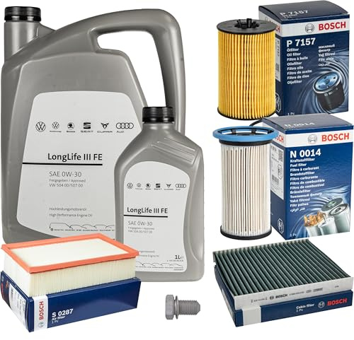 Inspektionspaket Wartungspaket Filterset mit 6 L 0W-30 Motoröl LongLife 3 FE, Ölfilter Luftfilter Kraftstofffilter Innenraumfilter (Aktivkohle) Ölablassschraube