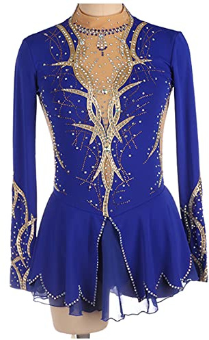 YDHTIZ Professionelles Eiskunstlauf Wettkampf Kleid Für Damen Rhythmische Gymnastik Trikots Eisroller Skating Rock Strass Lange Ärmel Leistung,Blau,XXXL