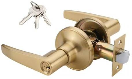 1 Pack of MANREN Lever Keyed Entry Door Lever Handle Lock, Universal Door Knob Hardware,Entrance Type,Gold Color (MR82ET-G)