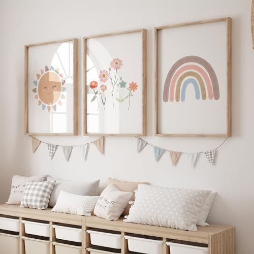 Rose Rowan Design Set of 3 Boho Wall Prints, Rainbow Art for Girls Bedroom, Wildflower, Sun, Cloud Prints, Nursery Decor, Scandi - Floral, A4