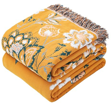 VANJOROY Grande couverture de canapé bohème 100 % coton bio doux double face pour canapé 2 ou 3 places, fauteuil, canapé et couvre-lit - 200 x 230 cm, jaune