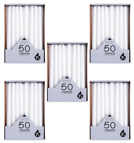 pajoma® Stabkerzen Weiß 250 Stück | Höhe 25 cm, Brenndauer ca. 7 Stunden | Duftfrei, vielseitig einsetzbar für Kerzenhalter, Deko & festliche Anlässe