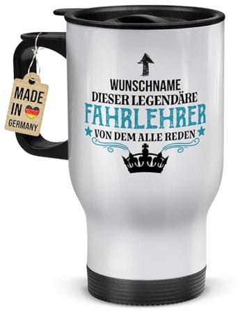 Tassendruck Edelstahl-Thermobecher selbst gestalten mit Name - Fahrlehrer mit Herz - Geschenk für Fahrlehrer, Abschiedsgeschenk, Coffee To Go Becher, Personalisiert, Weiß, 390 ml