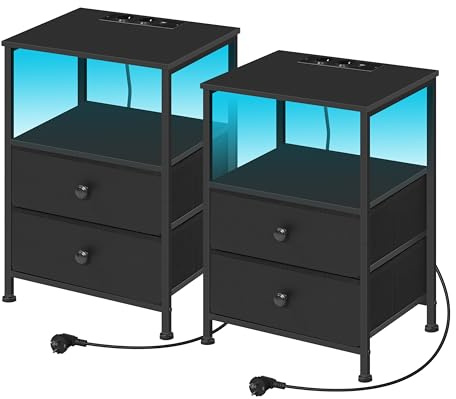 WOLTU Set of 2 Bedside Tables with Charging Station, Nightstands Bedside Cabinets with LED Lights, 2 Drawers 1 Open Shelf, Side Tables for Living Room Bedroom Office, Black, NTS27sz-2