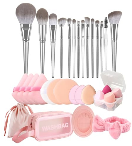 Makeup Pinselset, Schminkpinsel Set mit Dreieck, Runden und Mini Puderquaste, Kosmetik Schwamm, Reinigungsmatte, Tragetasche, Makeup Werkzeugset für Foundation Puder Concealer Lidschatten